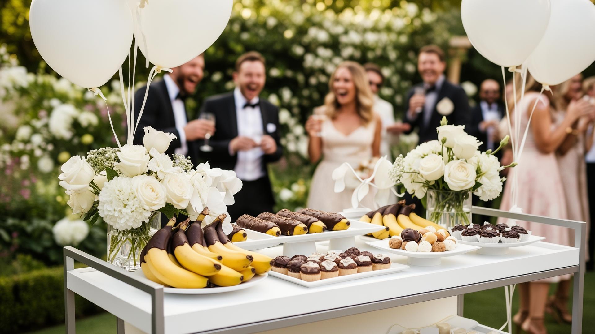 Dip'd dessert cart at an upscale garden wedding with happy guests celebrating