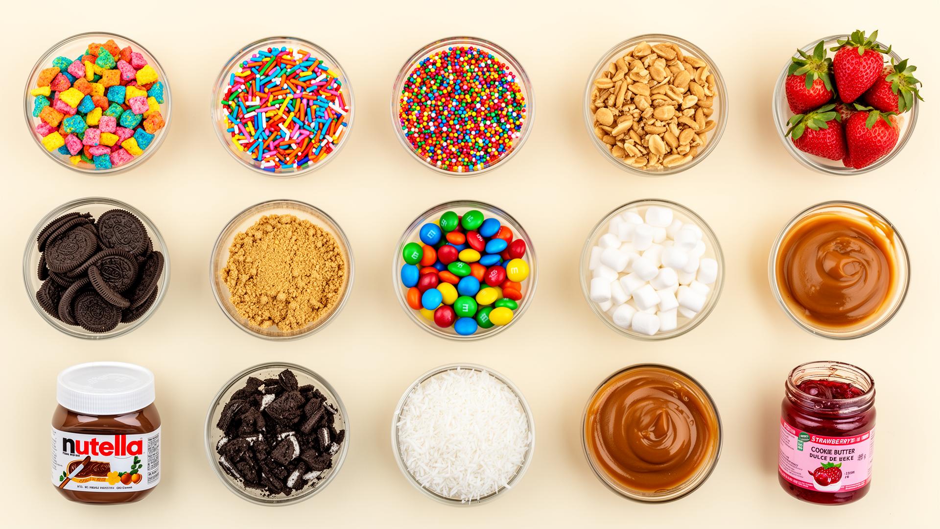 Premium toppings: fruity pebbles, sprinkles, peanuts, M&Ms, coconut, oreos, Nutella, strawberry sauce